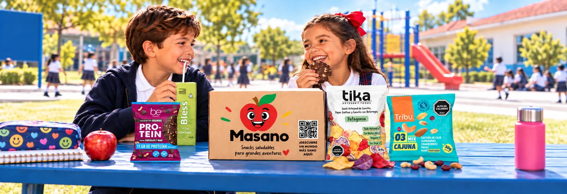 Niños compartiendo un pack Masano en el colegio